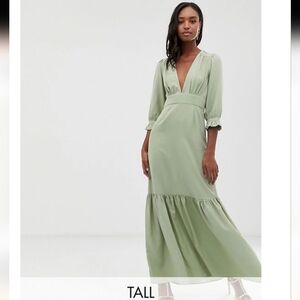 ASOS Sage Green V-Neck Long Sleeve Maxi Dress Size 8 Medium Wedding Guest Boho
